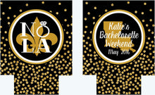 Load image into Gallery viewer, New Orleans Gold Glitter Coolies. NOLA Bachelorette or Birthday Party Coolies. New Orleans Party Favors. Personalized NOLA Coolies!