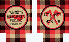 Load image into Gallery viewer, Plaid Lumberjack Party Huggers. Birthday Party Coolies! Bachelorette or Bachelor Party Favors too! Family Vacation Coolies. Plaid Can Koolie