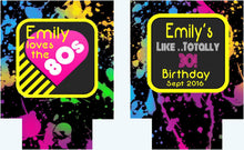Load image into Gallery viewer, 80's Theme Party Huggers. Slim Can 80's Birthday or Bachelorette Huggers. Retro Birthday Coolies. 80's Prom Party favors!