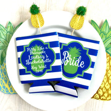 Load image into Gallery viewer, Beach Striped Party huggers. Pineapple Bachelorette or Birthday Coolies.Pineapple Wedding Shower Favors! Pineapple party huggers.