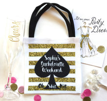 Load image into Gallery viewer, Gold "Glitter" Stripe Hangover kits. Black and Gold party favor bags. Oh Shit Kits! EMPTY Bachelorette or Wedding Hangover Tote Bag.