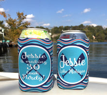 Load image into Gallery viewer, Lake Vacation Huggers. Personalized Nautical Bachelorette or Birthday Coolies. Lake House Coolies. Nautical Wedding Shower Huggers!