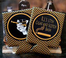 Load image into Gallery viewer, Cigar party favors. Guy's Cigar Birthday Party Huggers! Cigar Bachelor Party Gifts. Bourbon Party Coolies. Cigar Scotch Themed Can Coolies