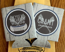 Load image into Gallery viewer, Bachelor Party Woodgrain Huggers. Lake Party Huggers! Bachelor Party Favors. Wood Grain Huggers. Lake Weekend Huggers.