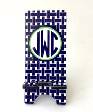 Load image into Gallery viewer, Basket Weave Cell Phone Stand. Monogrammed Phone Stand, Custom Cell phones, I phone dock for Desk night stand vanity