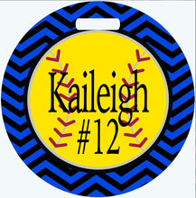 Load image into Gallery viewer, Softball Bag Tag. Monogrammed Tag Perfect on a Softball bag or luggage! Softball player gift. Great team or Coaches gift. Custom colors!