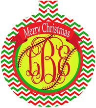 Load image into Gallery viewer, Softball Ornaments. Monogrammed Softball Christmas Gift! Great Softball Stocking Stuffer! Softball Team gift.