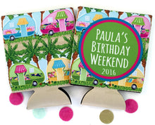 Load image into Gallery viewer, Glamping Party Huggers. Happy Camper Party Favors. Girls weekend coolies. Camper Girls Trip Favors. Personalized Camping Huggers!