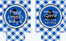 Load image into Gallery viewer, Baby Q Baby Boy Shower Drink Insulators. Baby Shower Koolies. Baby Shower Favors. Gender Reveal Party Favors. Personalized Baby Q Coolies!