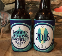 Load image into Gallery viewer, Fishing Party Drink Huggers. Fishing Party Drink Insulators! Fly Fishing Birthday Party Favors. Fishing Bachelor Party Favors!