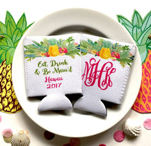 Load image into Gallery viewer, Pineapple Vacation Huggers. Tropical Bachelorette or Birthday Coolies. Monogram Pineapple Huggers. Pineapple Wedding Shower Huggers!