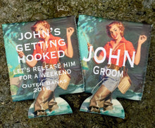 Load image into Gallery viewer, Bachelor Party Drink Huggers. Fishing Party Lure Drink Insulators! Fly Fishing Birthday Party Favors. Fishing Bachelor Party Favors!