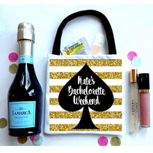 Load image into Gallery viewer, Gold "Glitter" Stripe Hangover kits. Black and Gold party favor bags. Oh Shit Kits! EMPTY Bachelorette or Wedding Hangover Tote Bag.