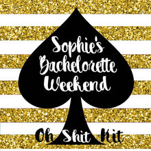 Load image into Gallery viewer, Gold "Glitter" Stripe Hangover kits. Black and Gold party favor bags. Oh Shit Kits! EMPTY Bachelorette or Wedding Hangover Tote Bag.