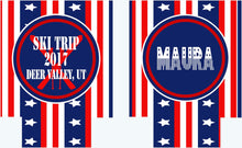 Load image into Gallery viewer, Ski Party Huggers. 'Merica Birthday Ski Coolies! Ski Party Gifts. Flag Birthday Koolies. Ski Vacation Huggers