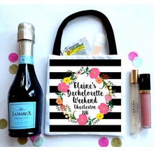 Load image into Gallery viewer, Black Stripe Wreath Hangover Bags. Black and White party favor bags. Oh Shit Kits! EMPTY Bachelorette or Wedding Hangover Tote Bag.