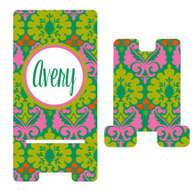 Load image into Gallery viewer, Pink and Green Damask Cell Phone Stand. Graduation Gift. Cell phone dock. Custom Phone Holder. teacher Gift! Gift for Mom.