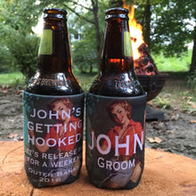 Load image into Gallery viewer, Bachelor Party Drink Huggers. Fishing Party Lure Drink Insulators! Fly Fishing Birthday Party Favors. Fishing Bachelor Party Favors!