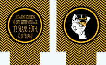 Load image into Gallery viewer, Cigar party favors. Guy's Cigar Birthday Party Huggers! Cigar Bachelor Party Gifts. Bourbon Party Coolies. Cigar Scotch Themed Can Coolies