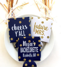 Load image into Gallery viewer, Gold and Navy Polka Dot Huggers. Bachelorette or Birthday Huggers. Gold "Glitter" and Navy Girl's Weekend Favors.