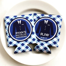 Load image into Gallery viewer, Gingham Suit Up Huggers. Bachelor Party Gingham Favors! Preppy Gingham Bachelor Party Gifts. Suit up Can Coolers.