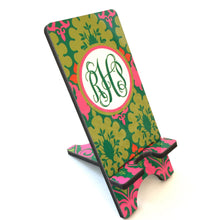 Load image into Gallery viewer, Pink and Green Damask Cell Phone Stand. Graduation Gift. Cell phone dock. Custom Phone Holder. teacher Gift! Gift for Mom.