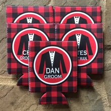 Load image into Gallery viewer, Groomsman Suit Up Huggers. Bachelor Party Buffalo Plaid Tuxedo Favors! Black Tie Bachelor Party Gifts. Tuxedo Can Coolers.