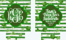 Load image into Gallery viewer, Shamrock Watercolor Huggers. St Patrick's Day Party Favors. St Patricks Bachelorette huggers. Irish Party Favors. Personalized Can Coolers!