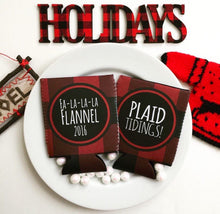 Load image into Gallery viewer, Buffalo Plaid Party Huggers. Personalized Lumberjack party Coolies. Plaid Bachelorette or Birthday party coolers.