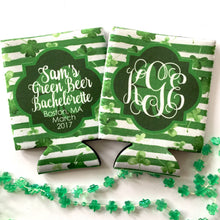 Load image into Gallery viewer, Shamrock Watercolor Huggers. St Patrick's Day Party Favors. St Patricks Bachelorette huggers. Irish Party Favors. Personalized Can Coolers!