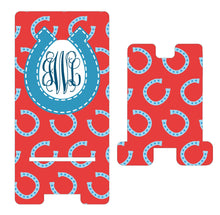 Load image into Gallery viewer, Horseshoe Cell Phone Stand. Horse Theme Cell Phone Stand, Equestrian Gift. Horse lover gift. Custom Horse Gift. Personalized Horse Present.