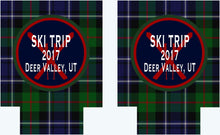 Load image into Gallery viewer, Blackwatch Plaid Party Huggers. Personalized Family Ski Vacation Coolies. Bachelorette or Bachelor Plaid Party coolers. Plaid party favors