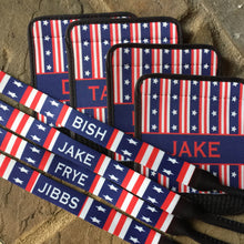 Load image into Gallery viewer, Guys USA Neoprene luggage finder. Custom Bag Tag. Personalized red white and blue suitcase identifier. Teacher Gift! Great Groomsman gifts!