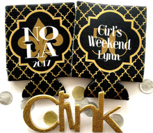 Load image into Gallery viewer, New Orleans Black and Gold Huggers. NOLA Bachelorette or Birthday Party Huggers.New Orleans Birthday Party Favors. Personalized Huggers!
