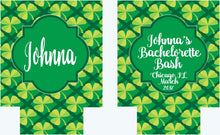 Load image into Gallery viewer, Shamrock Huggers. St Patrick's Day Party Favors. St Patricks Bachelorette Koolies. Monogram Irish Party Favors. Personalized Can Coolers!
