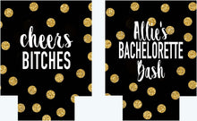 Load image into Gallery viewer, Gold and Black Polka Dot Huggers. Bachelorette or Birthday Huggers. Gold "Glitter" and Black Girl's Weekend Favors.