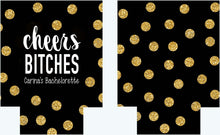 Load image into Gallery viewer, Gold and Black Polka Dot Huggers. Bachelorette or Birthday Huggers. Gold "Glitter" and Black Girl's Weekend Favors.