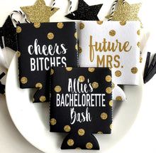 Load image into Gallery viewer, Gold and Black Polka Dot Huggers. Bachelorette or Birthday Huggers. Gold "Glitter" and Black Girl's Weekend Favors.