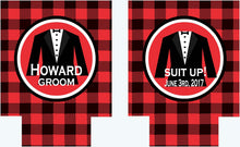 Load image into Gallery viewer, Groomsman Suit Up Huggers. Bachelor Party Buffalo Plaid Tuxedo Favors! Black Tie Bachelor Party Gifts. Tuxedo Can Coolers.