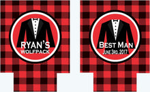 Load image into Gallery viewer, Groomsman Suit Up Huggers. Bachelor Party Buffalo Plaid Tuxedo Favors! Black Tie Bachelor Party Gifts. Tuxedo Can Coolers.