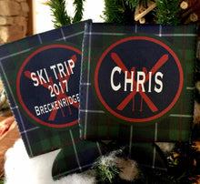 Load image into Gallery viewer, Blackwatch Plaid Party Huggers. Personalized Family Ski Vacation Coolies. Bachelorette or Bachelor Plaid Party coolers. Plaid party favors