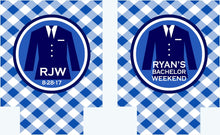 Load image into Gallery viewer, Gingham Suit Up Huggers. Bachelor Party Gingham Favors! Preppy Gingham Bachelor Party Gifts. Suit up Can Coolers.