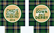 Load image into Gallery viewer, Green Plaid Party Huggers. Plaid Bachelor or Birthday Party Can Coolers. Plaid Bachelor Party Favors.