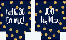 Load image into Gallery viewer, Gold and Navy Polka Dot Huggers. Bachelorette or Birthday Huggers. Gold "Glitter" and Navy Girl's Weekend Favors.