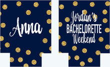 Load image into Gallery viewer, Gold and Navy Polka Dot Huggers. Bachelorette or Birthday Huggers. Gold "Glitter" and Navy Girl's Weekend Favors.