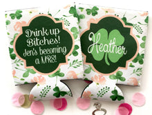 Load image into Gallery viewer, Shamrock Watercolor Huggers. St Patrick's Day Party Favors. Clover Bachelorette huggers. Irish Party Favors. Neon Personalized Can Coolers!