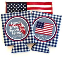 Load image into Gallery viewer, Gingham America Party Huggers. 'Merica Birthday Coolies! Red White and Blue Party Gifts. USA Birthday Favors. Flag Party Huggers.