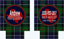 Load image into Gallery viewer, Blackwatch Plaid Party Huggers. Personalized Family Ski Vacation Coolies. Bachelorette or Bachelor Plaid Party coolers. Plaid party favors