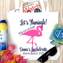 Load image into Gallery viewer, Flamingo Tote bag. Flamingo Party Tote! Flamingo Bachelorette or Girls Weekend Tote Bag. Flamingle Party Favor Bag.