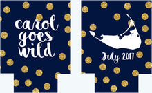 Load image into Gallery viewer, Gold and Navy Polka Dot Huggers. Bachelorette or Birthday Huggers. Gold "Glitter" and Navy Girl's Weekend Favors.